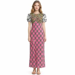RIXO London Winnie Silk Maxi Dress Floral Plaid Patchwork 54" Length Size L (10)